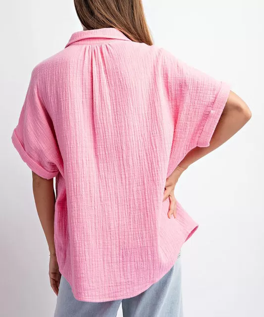 Cotton Gauze Button Down Top - Bubble Pink