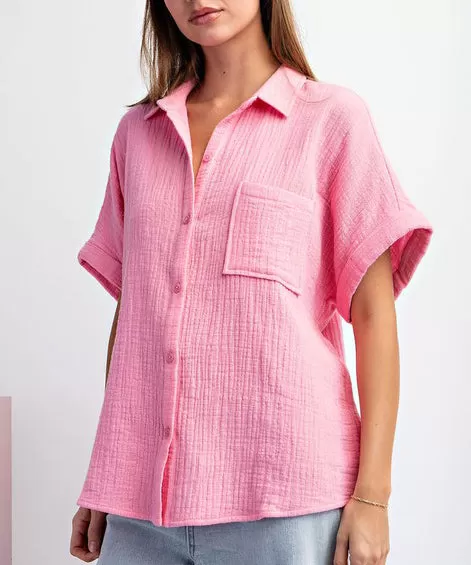 Cotton Gauze Button Down Top - Bubble Pink