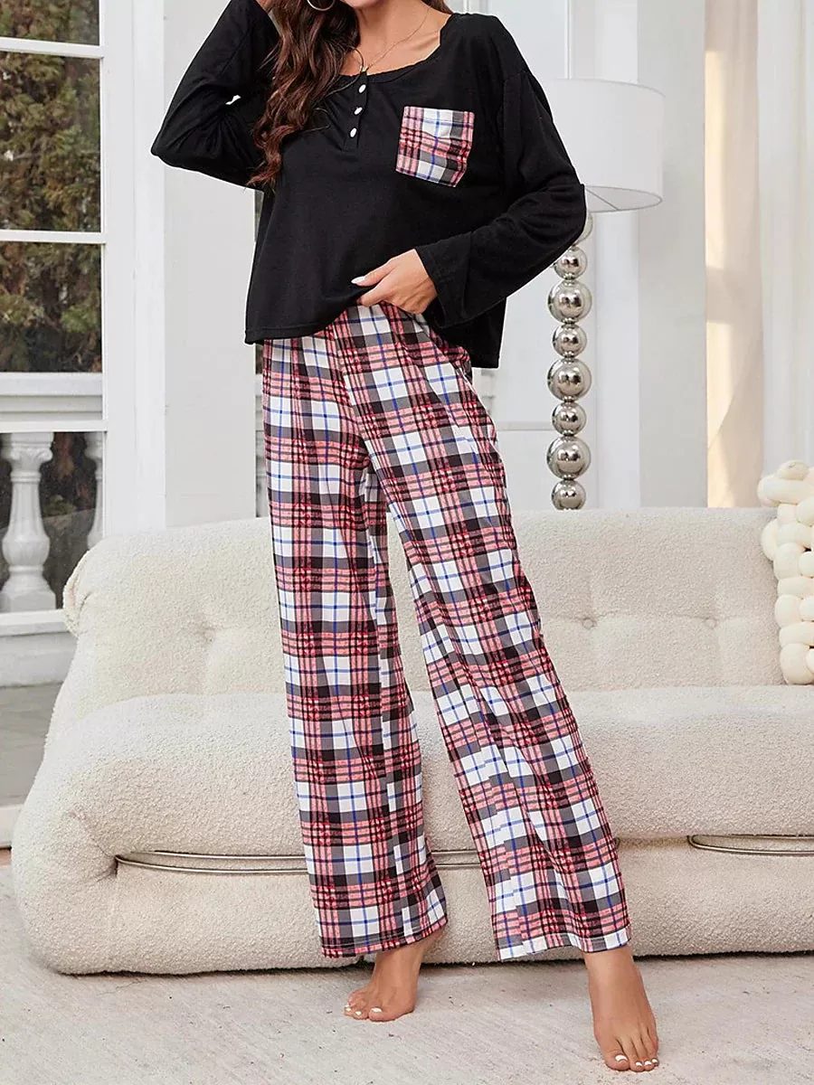 Cozy Women's Flannel Pajamas Set with Grid / Plaid Design and Crew Neck T-shirt for Comfortable Fall and Winter Lounge