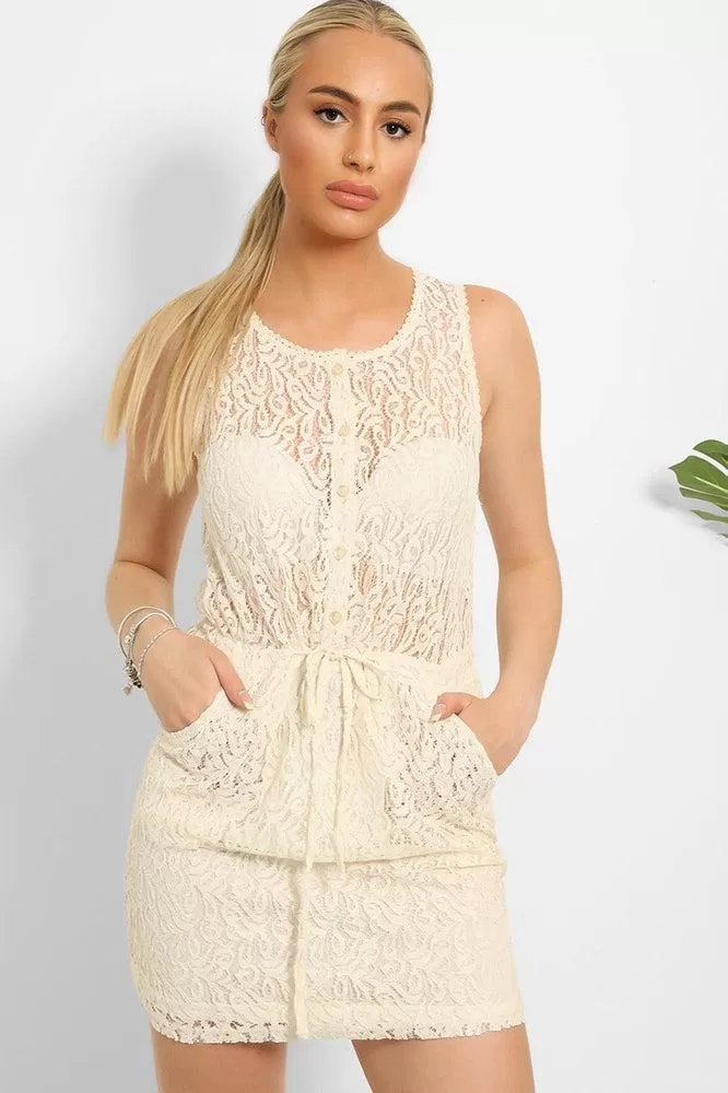 Cream Lace Drawstring Waist Dress