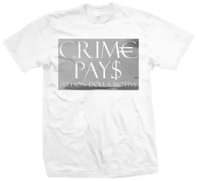 Crime Pays - Silver on White T-Shirt