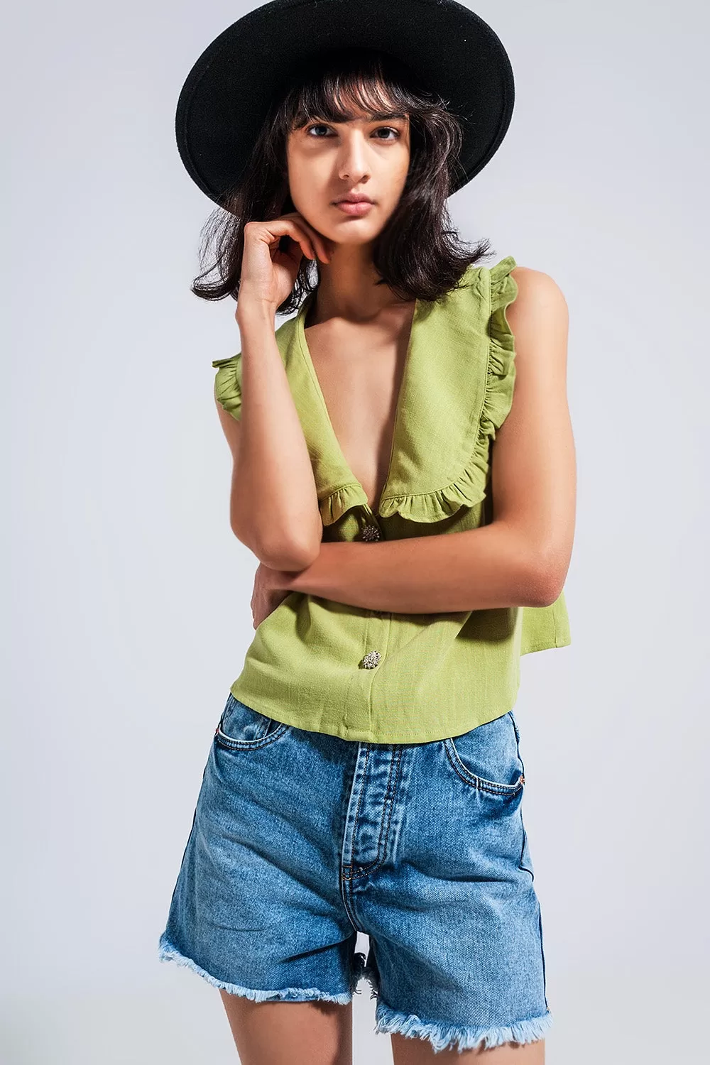 Crop Top with Bib Collar in Green