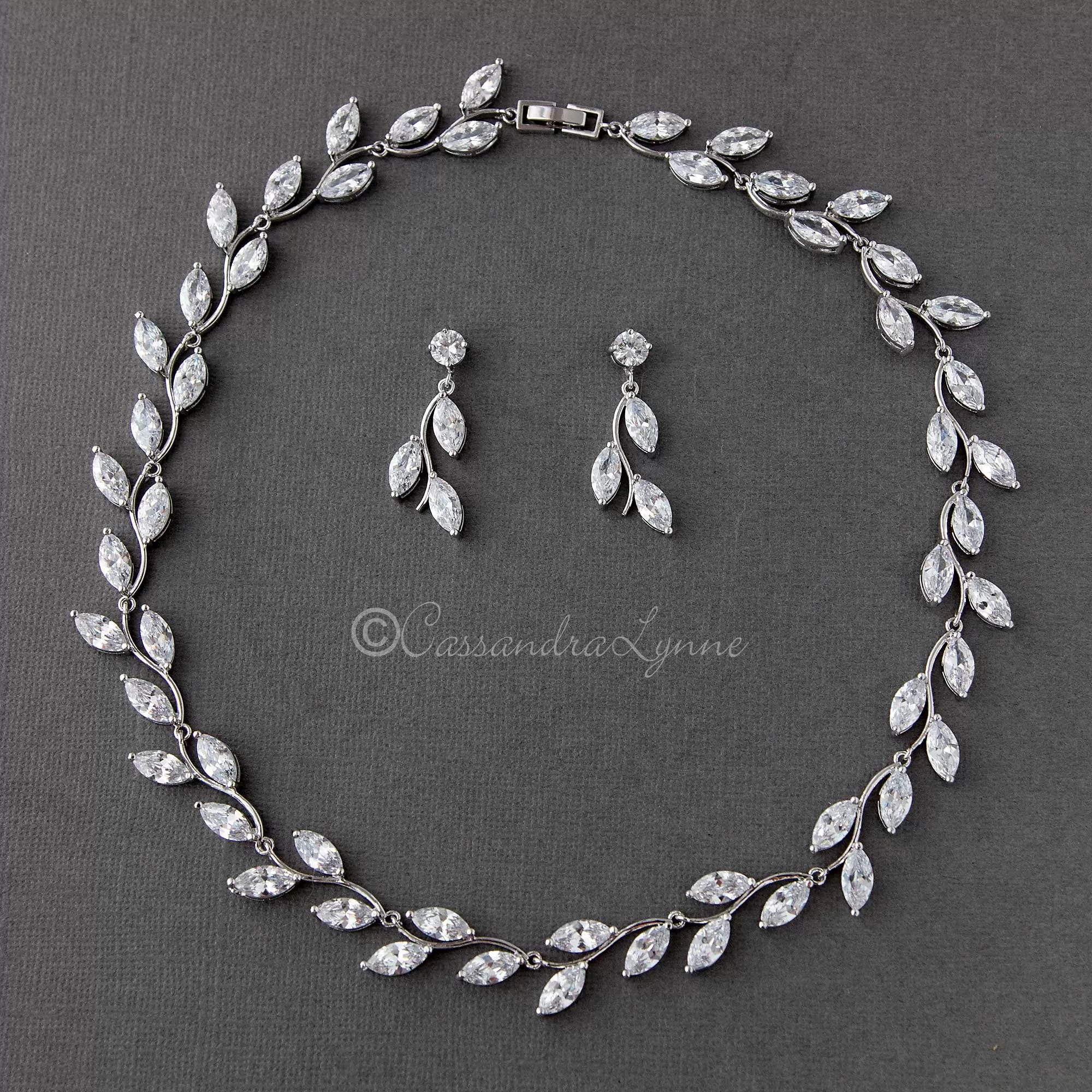 Cubic Zirconia Leaves Vine Bridal Necklace Set