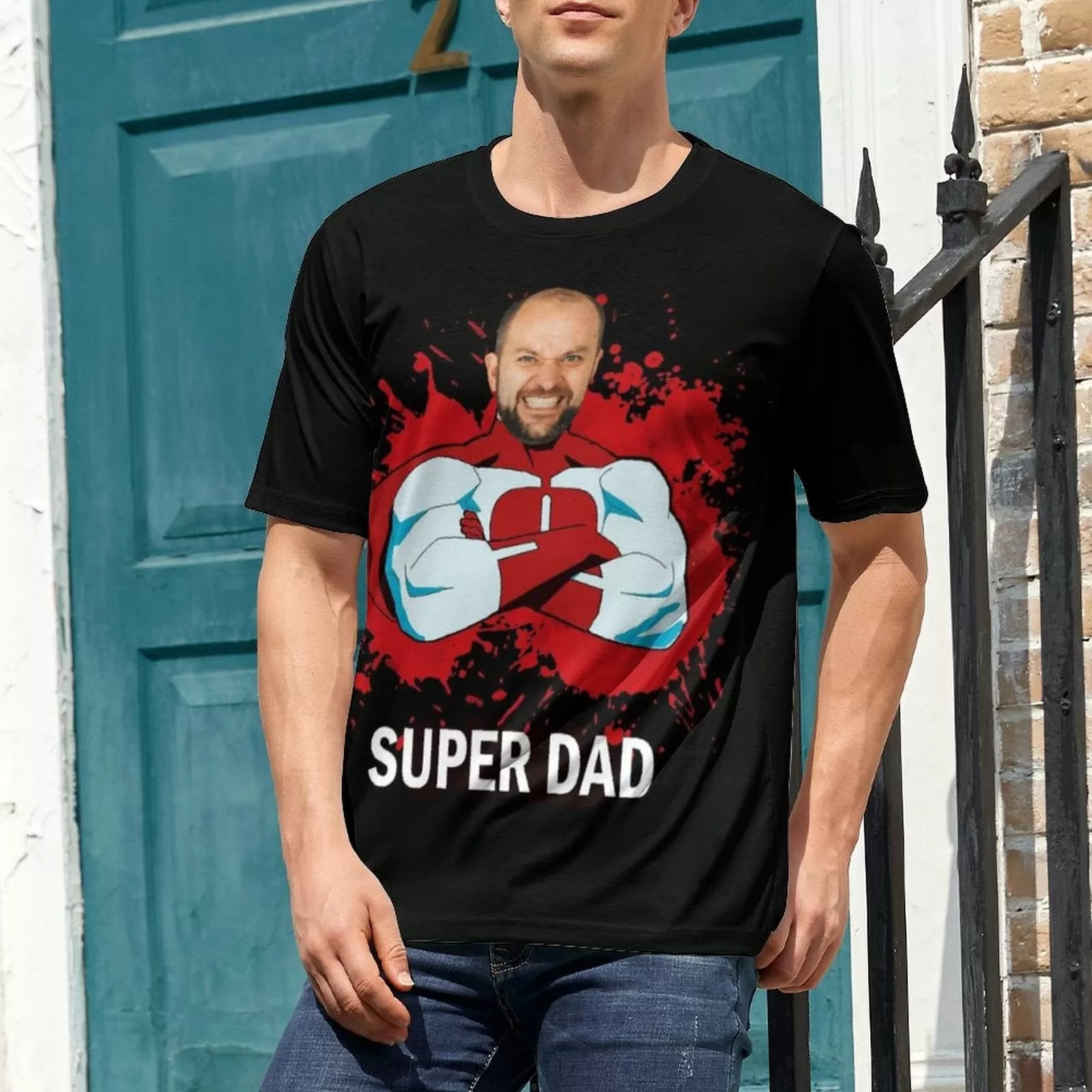 Custom Face Super Dad T-Shirt Funny Birthday Holiday Gift Tee for Father's Day