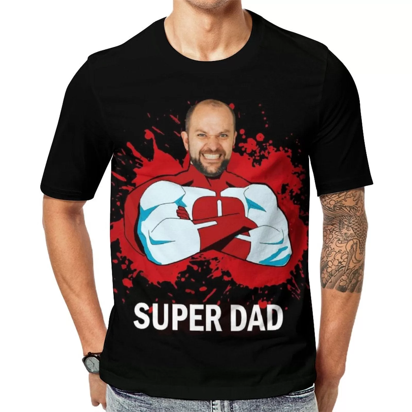 Custom Face Super Dad T-Shirt Funny Birthday Holiday Gift Tee for Father's Day