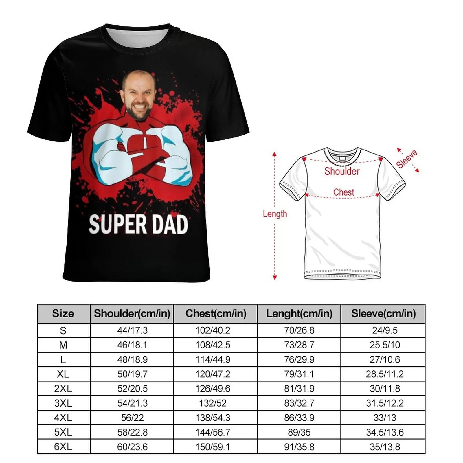 Custom Face Super Dad T-Shirt Funny Birthday Holiday Gift Tee for Father's Day