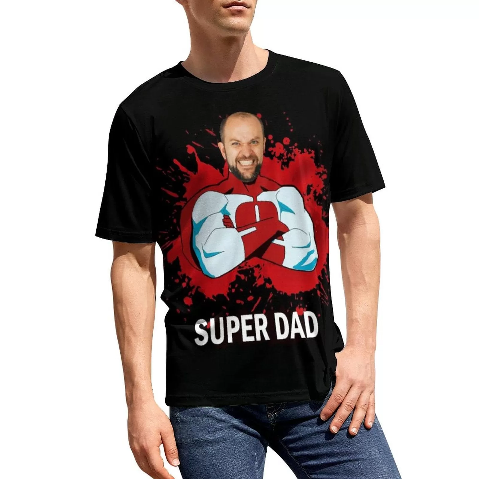 Custom Face Super Dad T-Shirt Funny Birthday Holiday Gift Tee for Father's Day