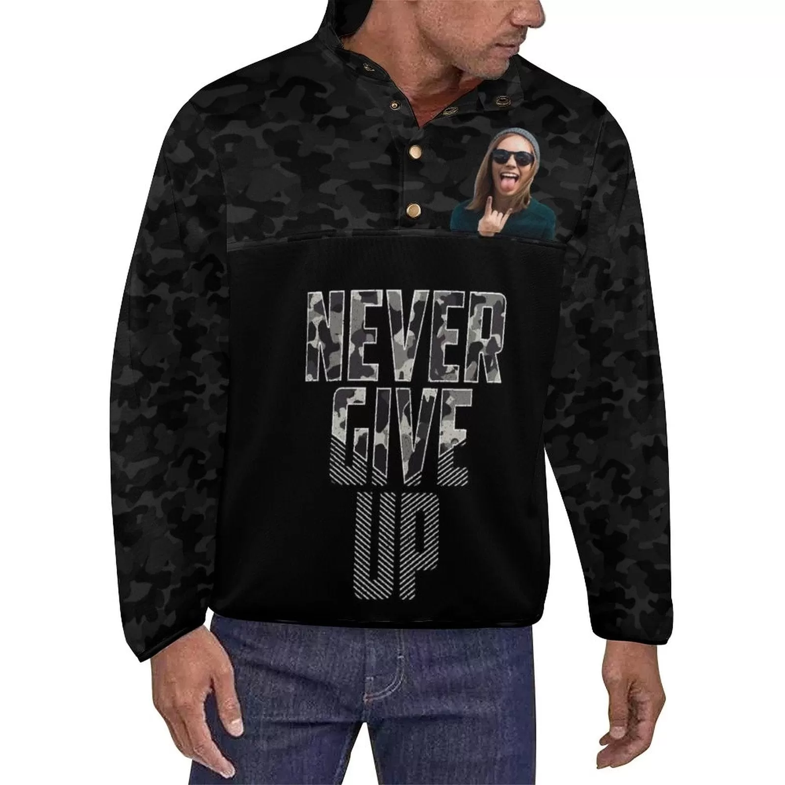 Custom Face&Name Black Camouflage Loose Sweatshirts Personalized Men's Stand Collar Sweatshirts