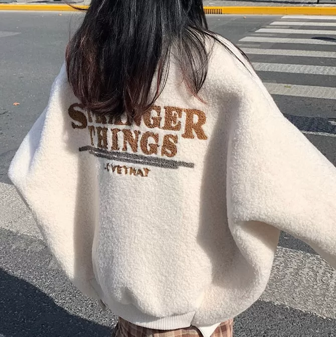 Cute Back Logo Shearling Jackets Womens Girls Korean Style Outerwear Winter Unique Warm Loose Fit Oversized Bomber