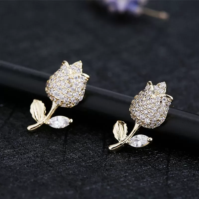 Delicate Micro CZ Crystal Paved Tulip Flower Stud Earrings