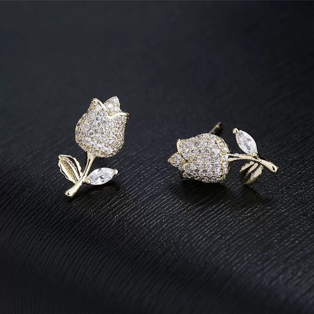 Delicate Micro CZ Crystal Paved Tulip Flower Stud Earrings