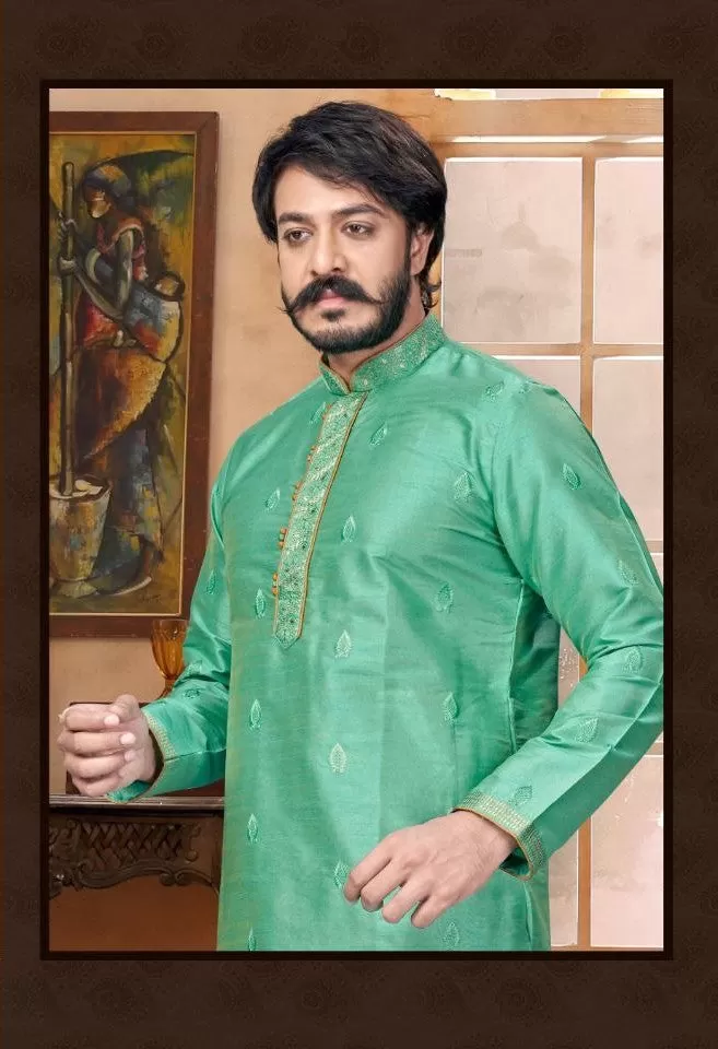 Designed Butti Embroidery Work Sherwani With Pant - Light Green