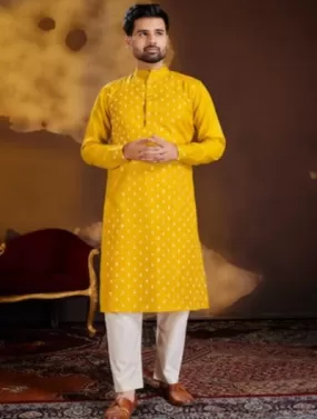 Designer Yellow Gold Silk Cotton Men Kurta Pajama