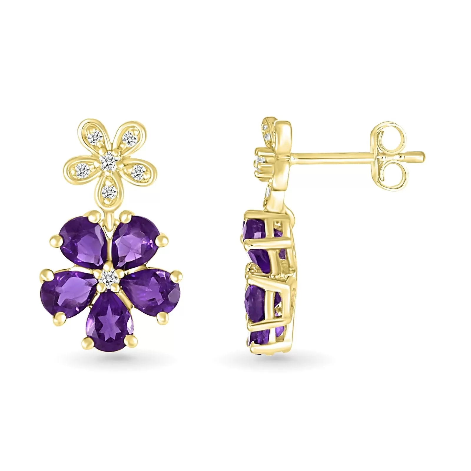 Double Flower Drop Stud Earrings in Amethyst and White Sapphire