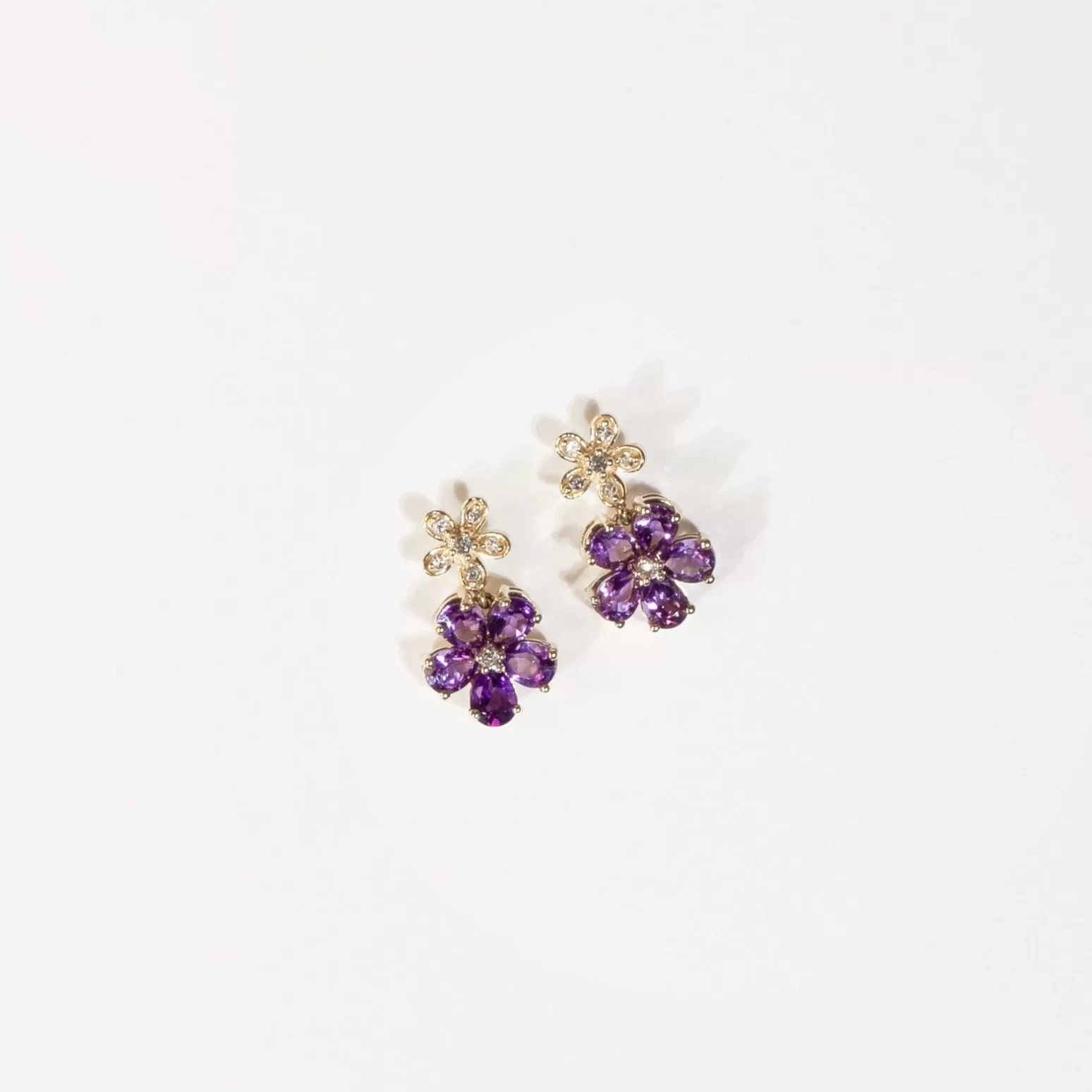 Double Flower Drop Stud Earrings in Amethyst and White Sapphire