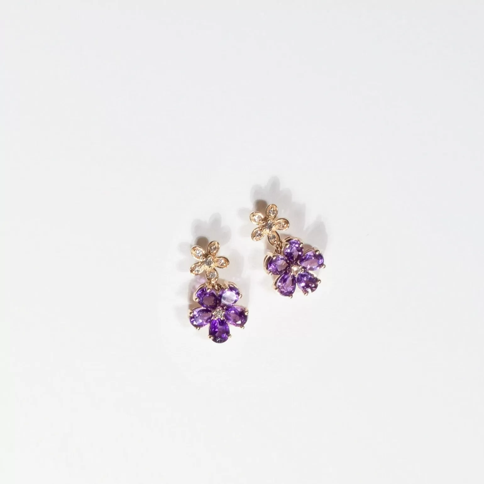 Double Flower Drop Stud Earrings in Amethyst and White Sapphire