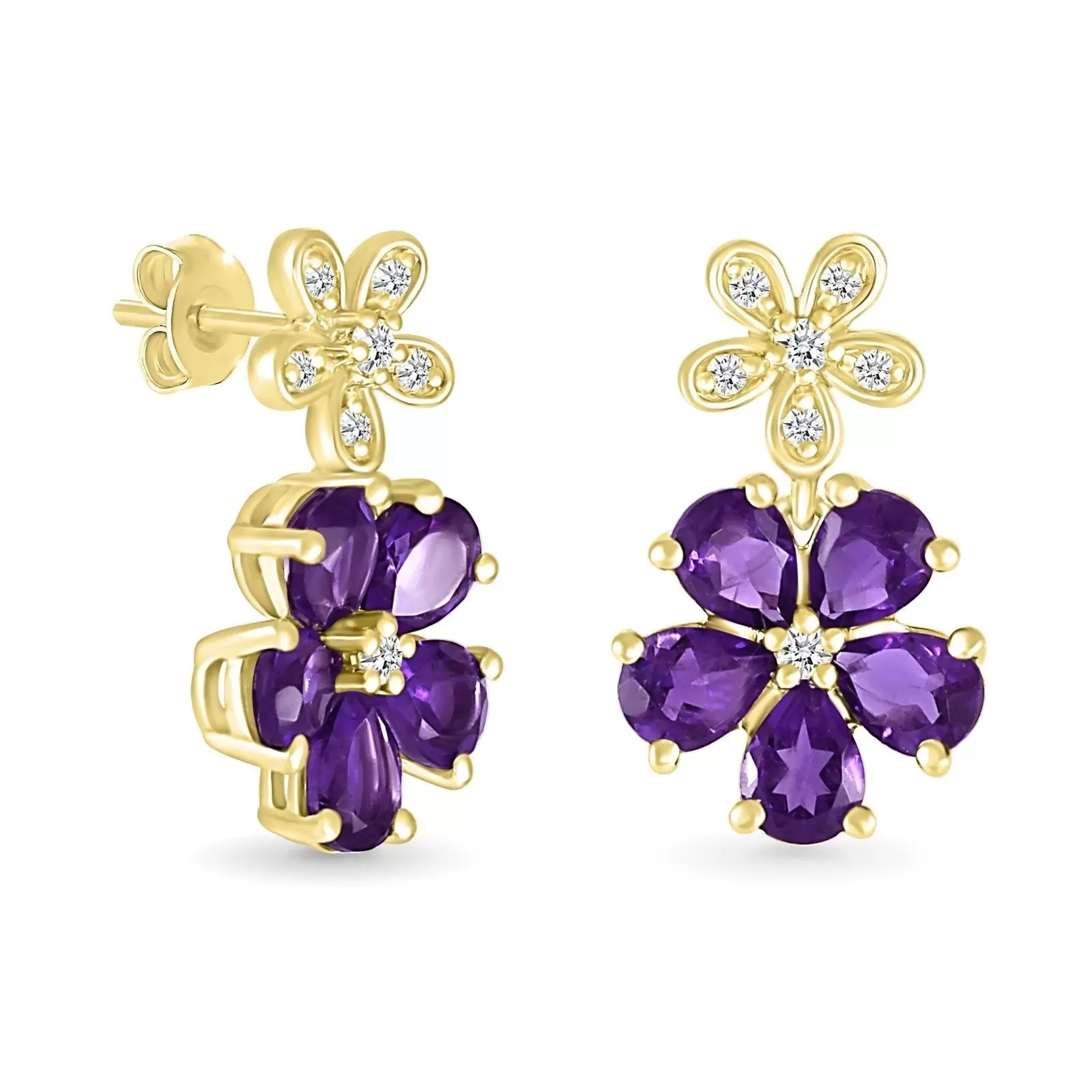 Double Flower Drop Stud Earrings in Amethyst and White Sapphire