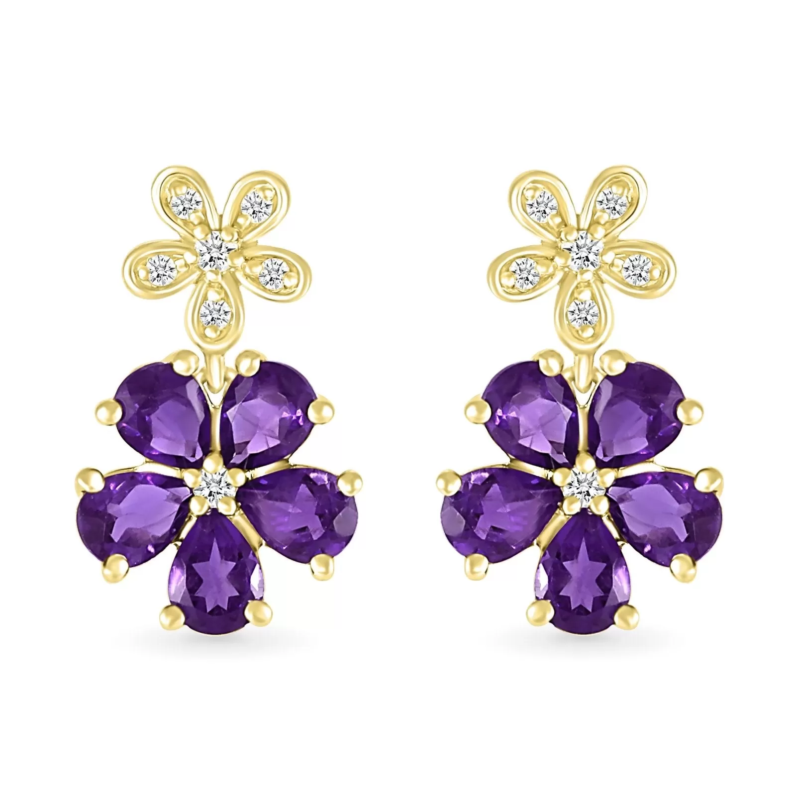 Double Flower Drop Stud Earrings in Amethyst and White Sapphire