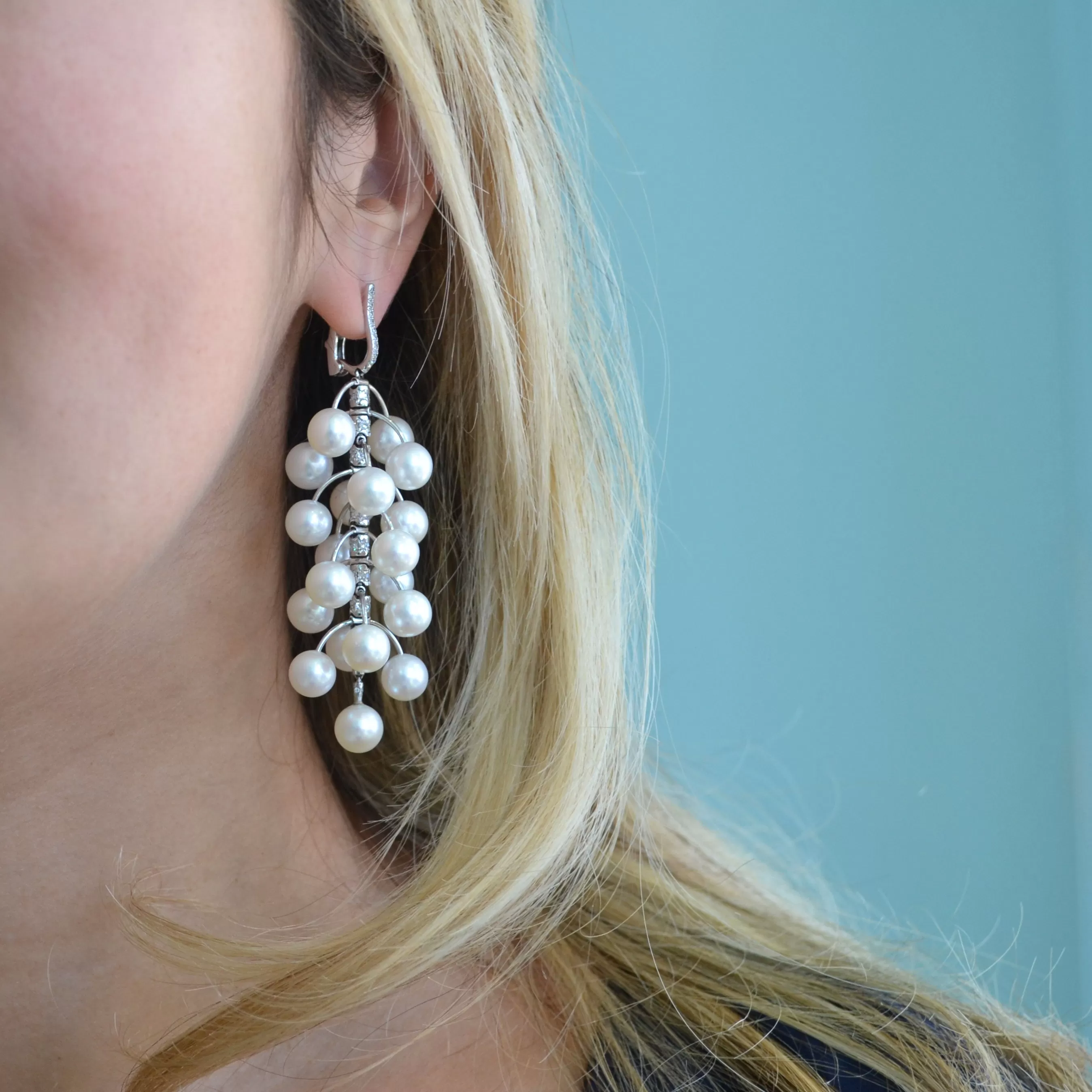 Eclat Jewels - One of a Kind Drop Earrings with Cultured Japanese Pearls and Diamonds, 18k White Gold