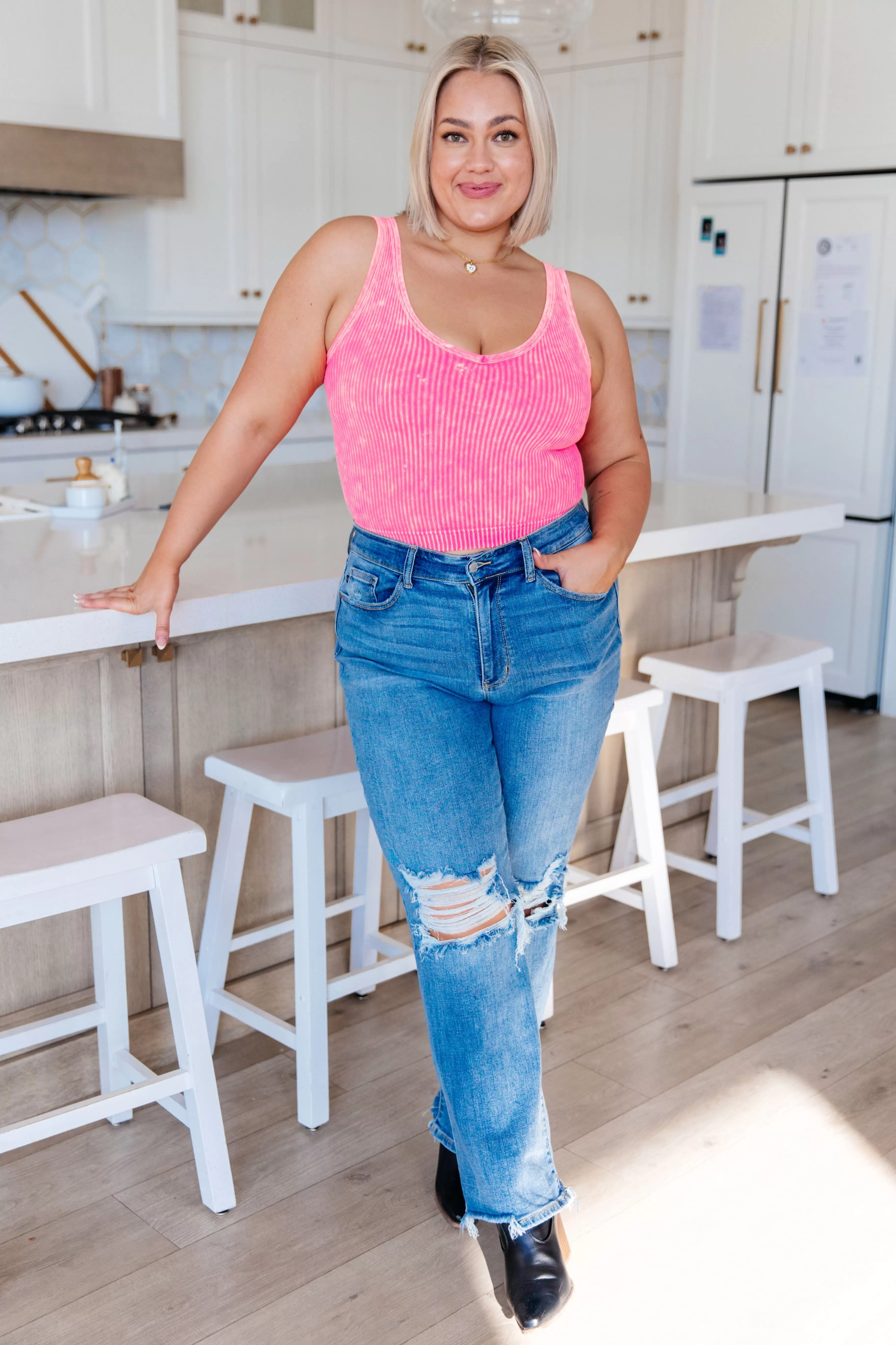 Effortless Reversible Mineral Wash Ribbed Tank in Neon Coral