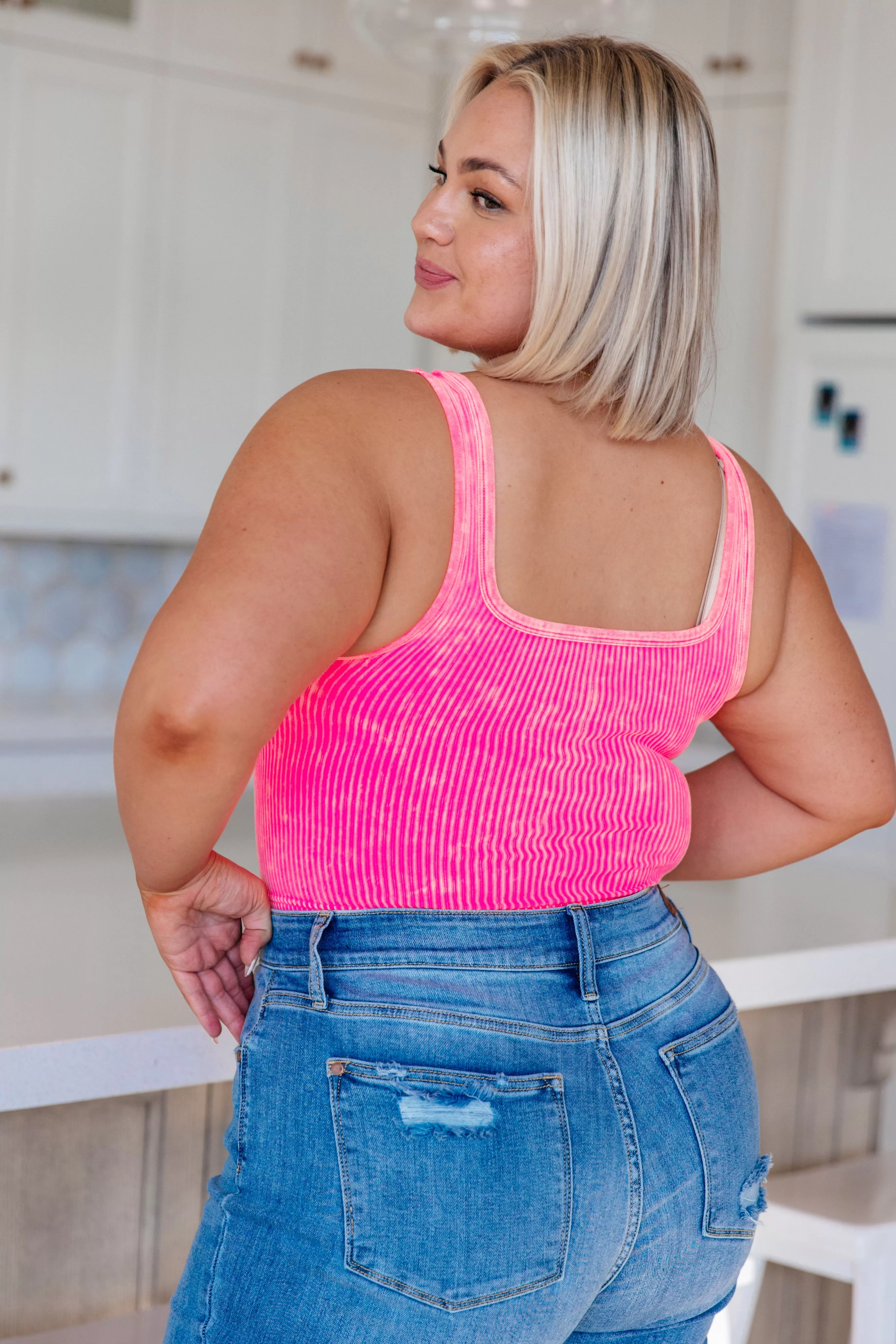 Effortless Reversible Mineral Wash Ribbed Tank in Neon Coral