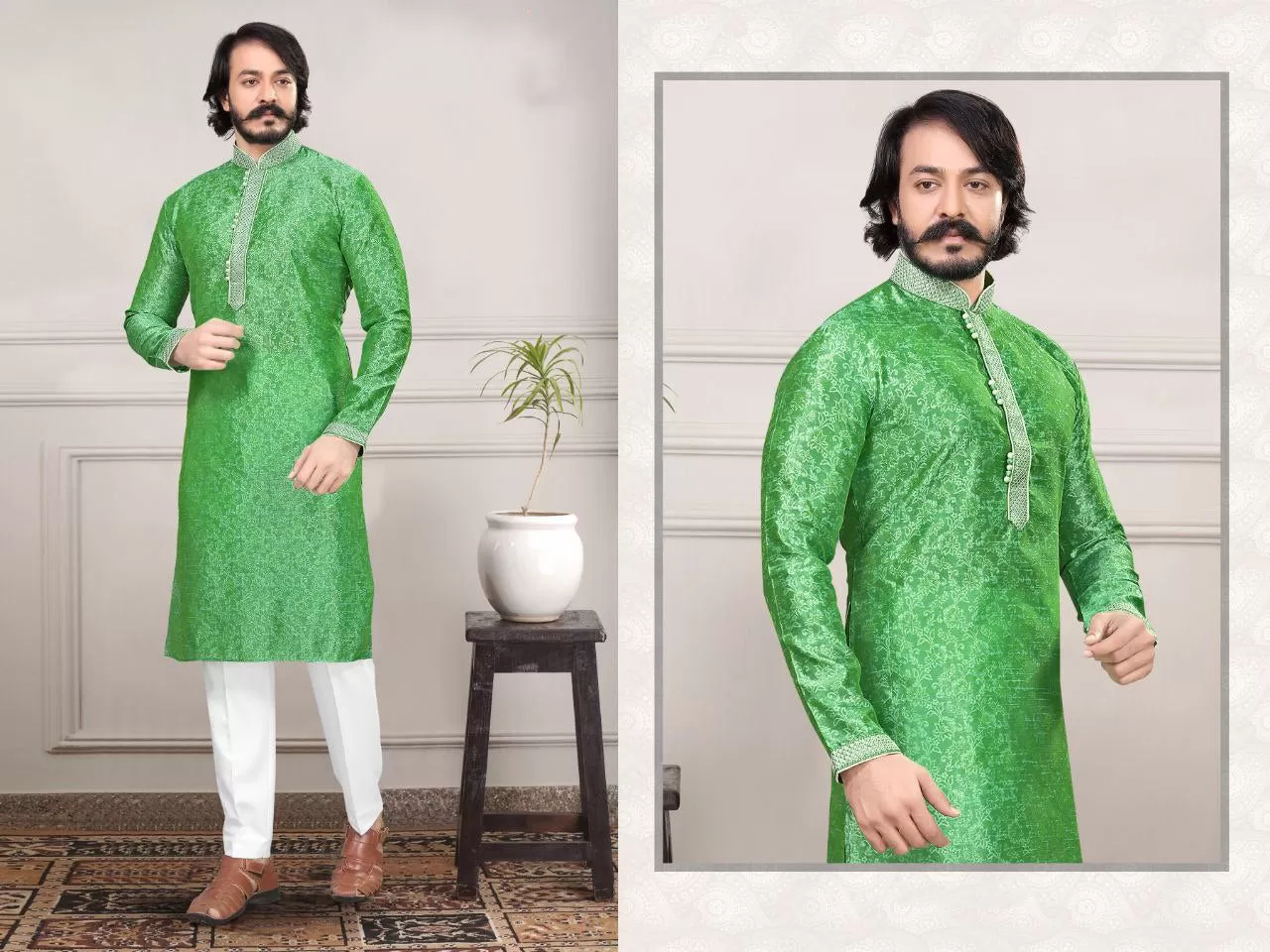 Embroidered Men's Cotton Silk Kurta Pajama Set In Light Green