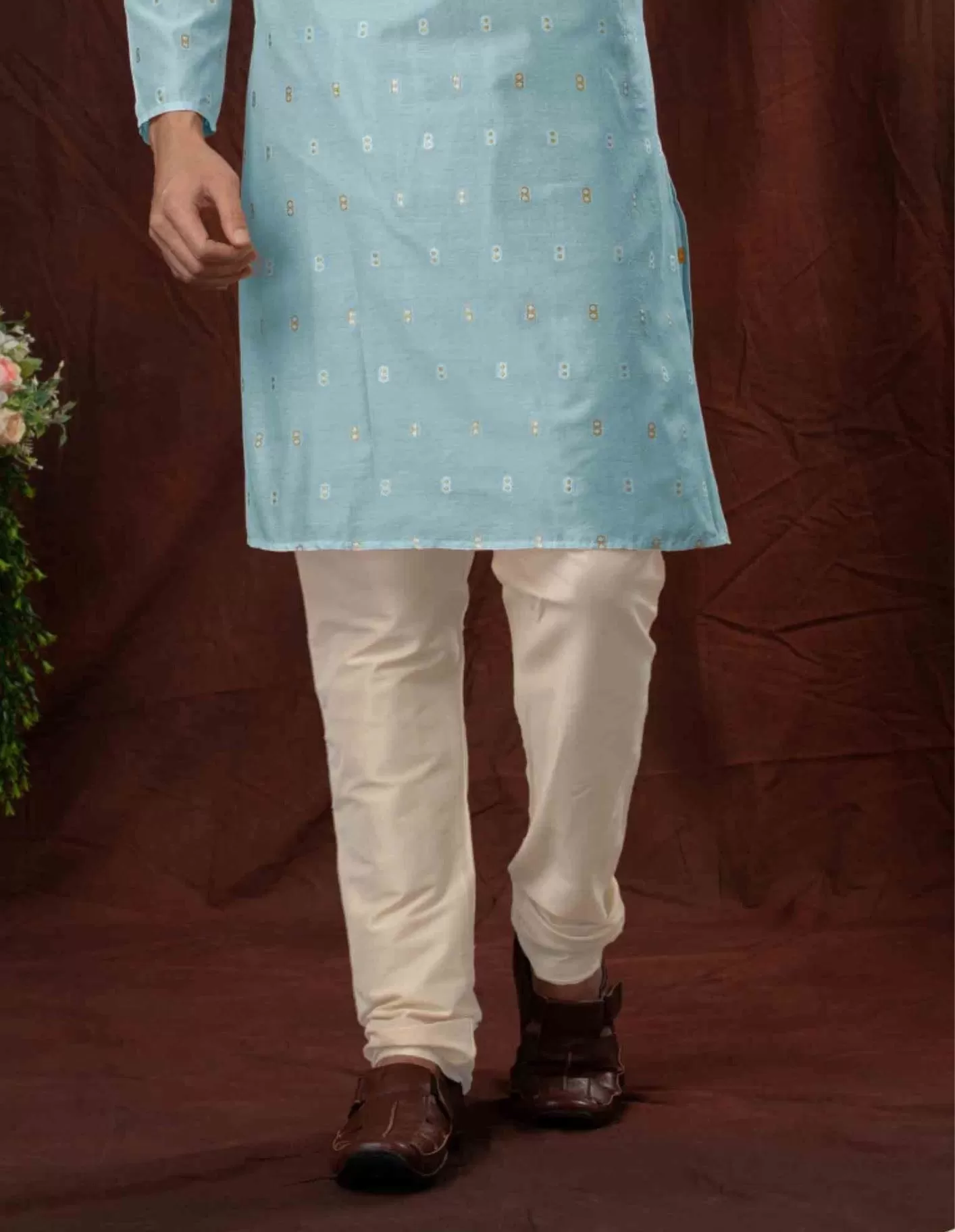 Fabulous Sky Blue Color Poly Jacquard Kurta With Pajama Pant For Men