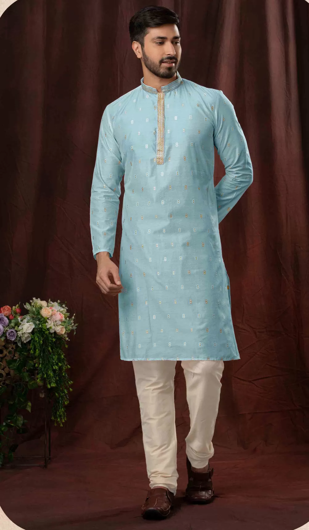 Fabulous Sky Blue Color Poly Jacquard Kurta With Pajama Pant For Men