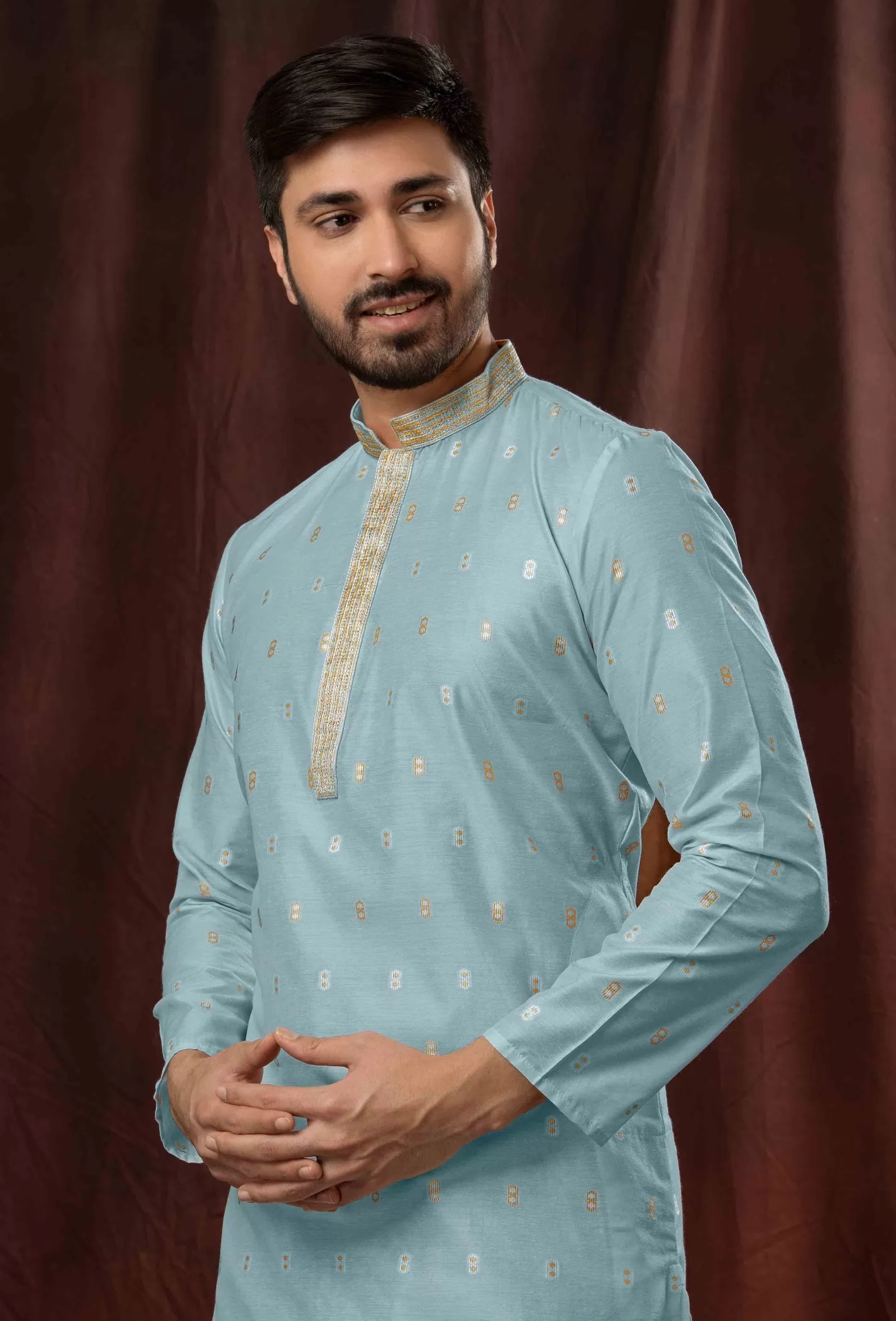 Fabulous Sky Blue Color Poly Jacquard Kurta With Pajama Pant For Men