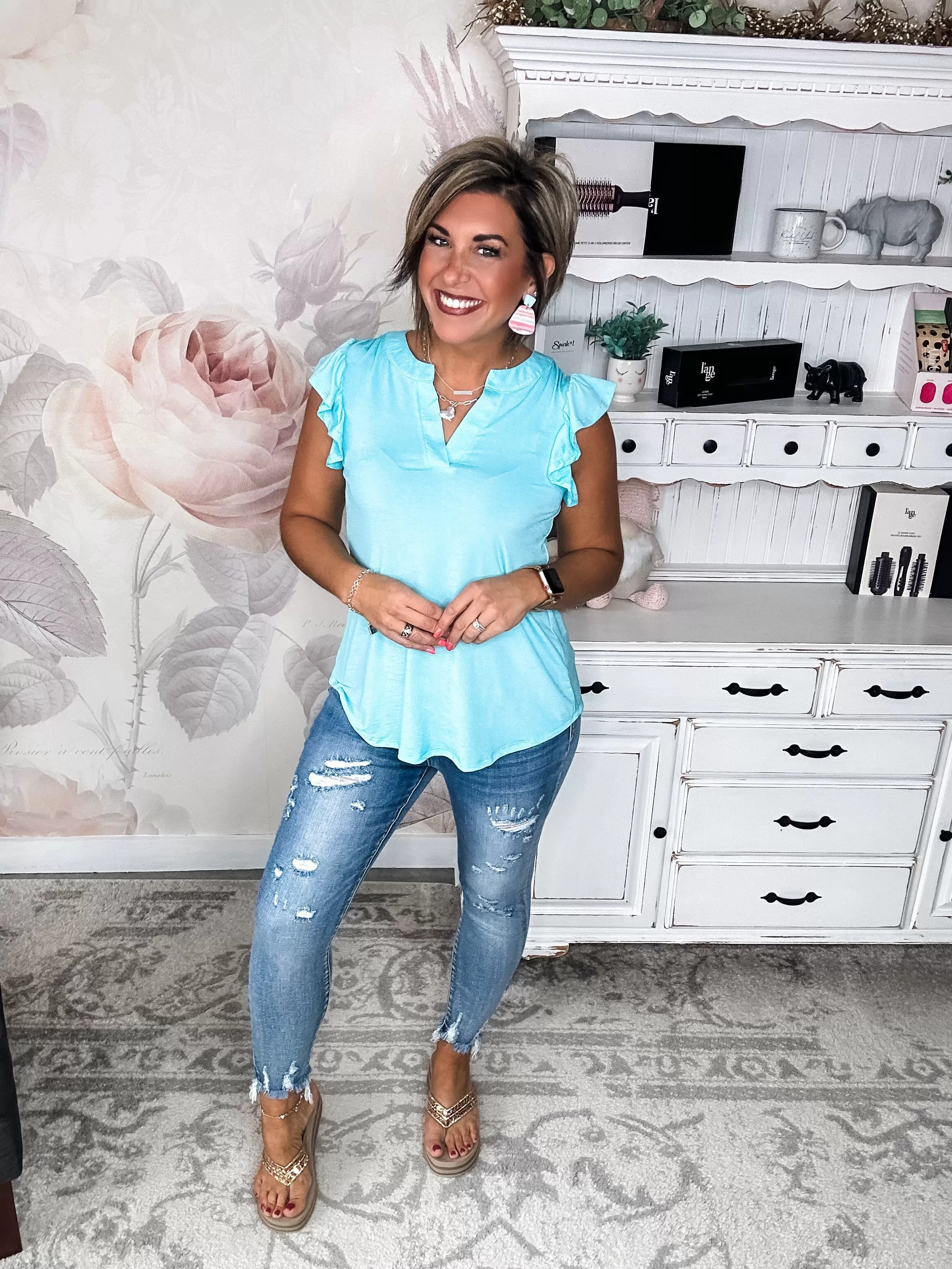 Figure It Out Ruffle Sleeve Top - Neon Blue