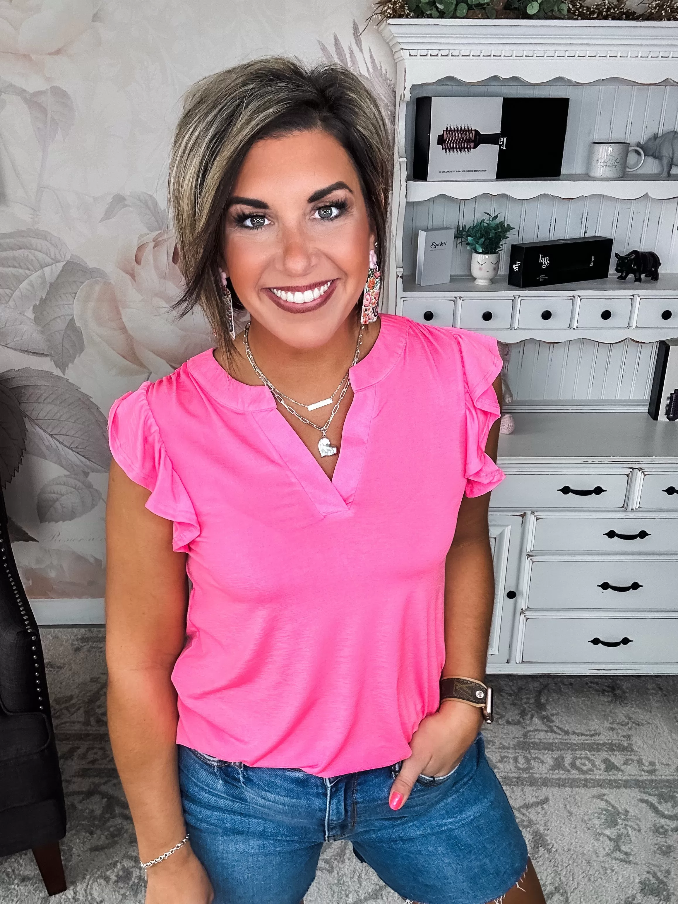 Figure It Out Ruffle Sleeve Top - Neon Pink