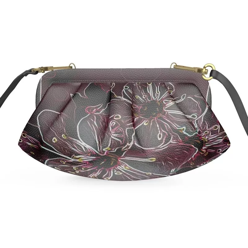 Floral Embosses: Pictorial Cherry Blossoms 01-04 Designer Pleated Leather Soft Frame Crossbody Clutch Bag