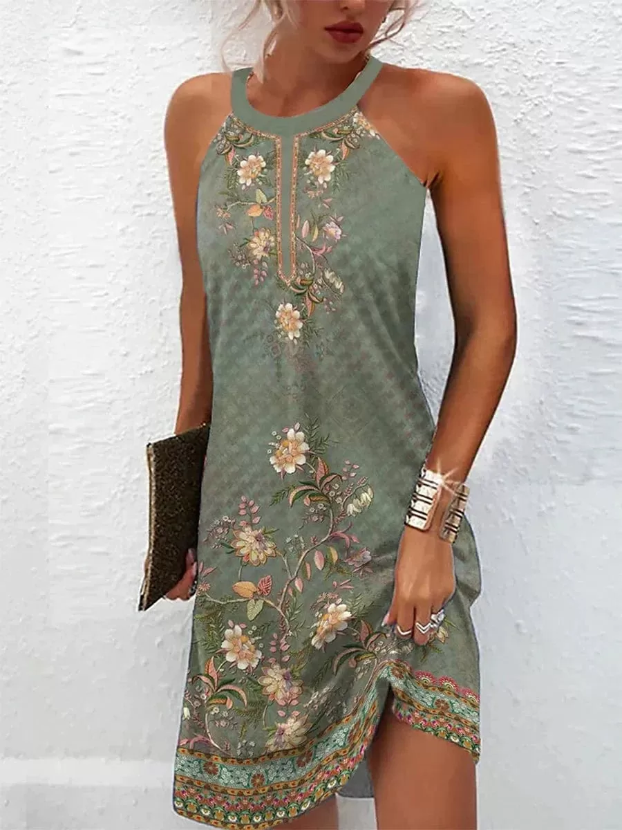 Floral Print Sleeveless A-Line Summer Dress with Halter Neck