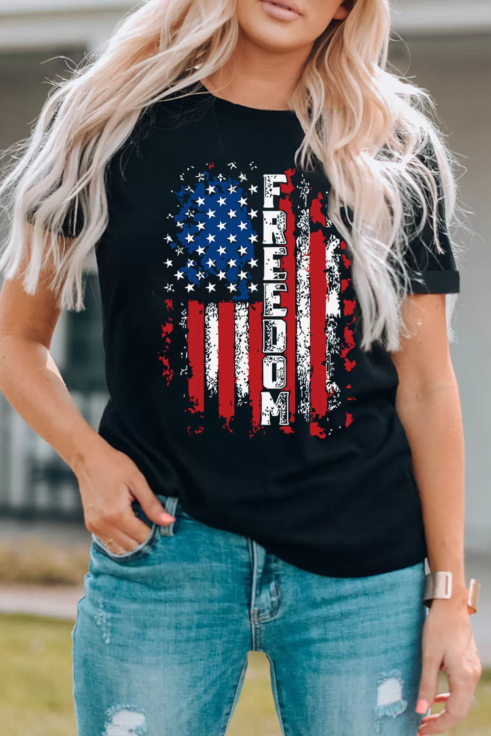 FREEDOM Rundhals-T-Shirt mit US-Flaggengrafik