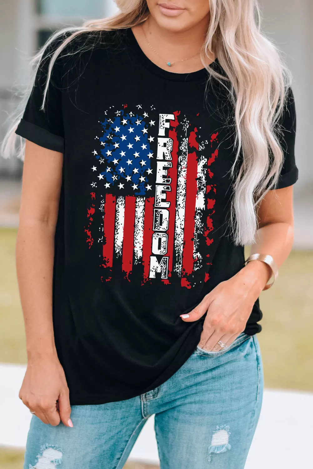 FREEDOM Rundhals-T-Shirt mit US-Flaggengrafik