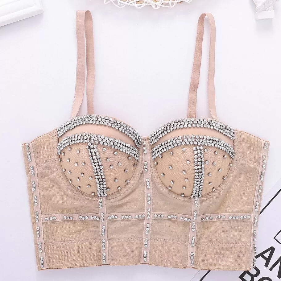 Full Beads Female Corset Top Camis Nightclub Rhinestones Sexy Short Chest Binder Camisole Women Mujer Push Up Tube Bra Debardeur