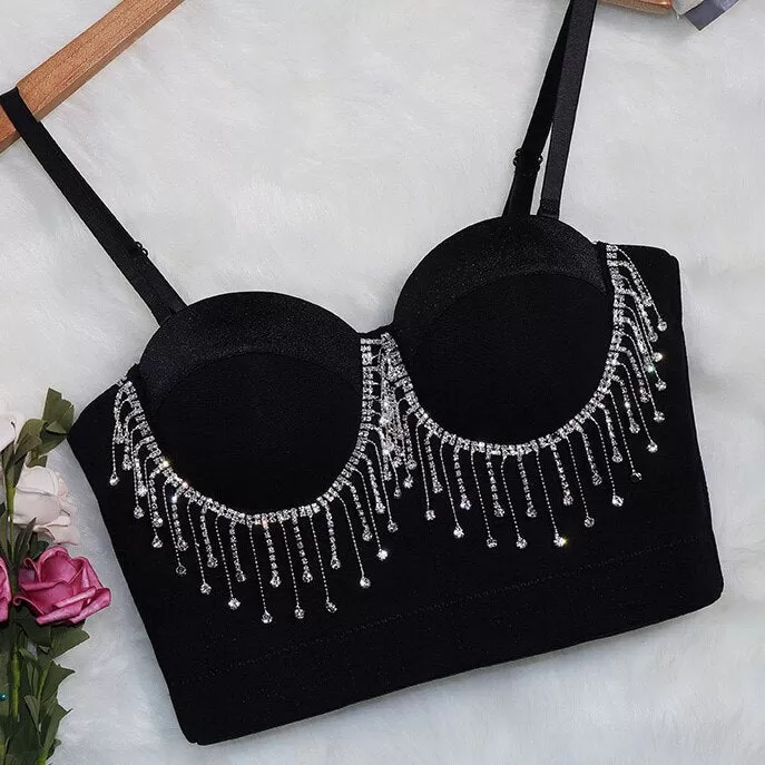 Full Beads Female Corset Top Camis Nightclub Rhinestones Sexy Short Chest Binder Camisole Women Mujer Push Up Tube Bra Debardeur