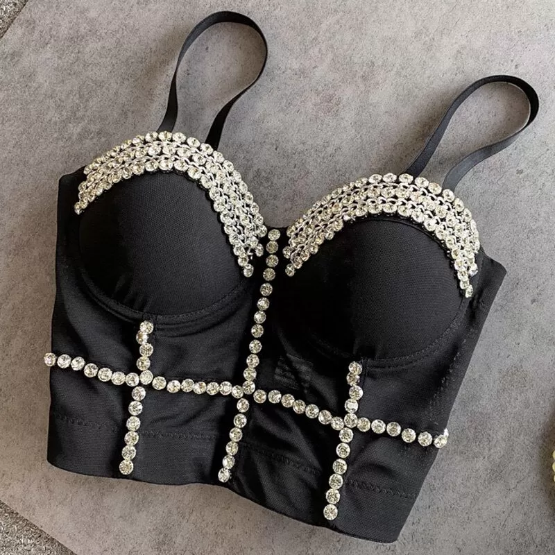 Full Beads Female Corset Top Camis Nightclub Rhinestones Sexy Short Chest Binder Camisole Women Mujer Push Up Tube Bra Debardeur