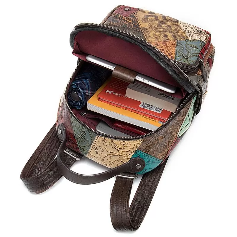 Genuine Leather Embossed Floral Backpack with Patchwork Design