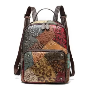 Genuine Leather Embossed Floral Backpack with Patchwork Design