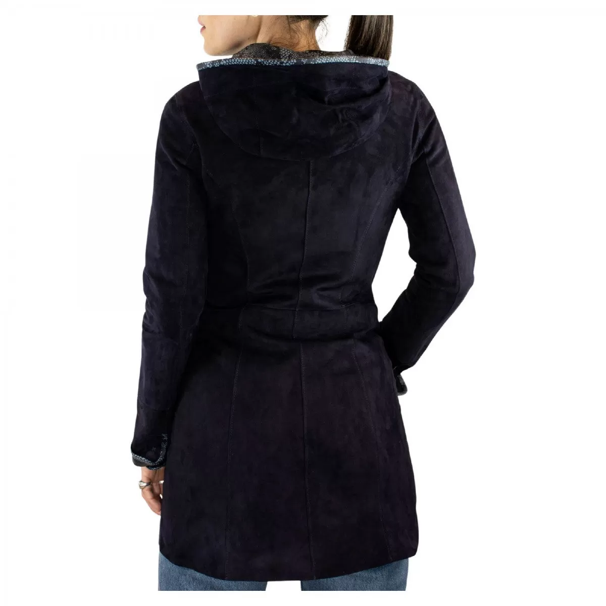 Giacca elegante reversibile da donna fatta a mano in pelle di renna e agnello blu con cappuccio