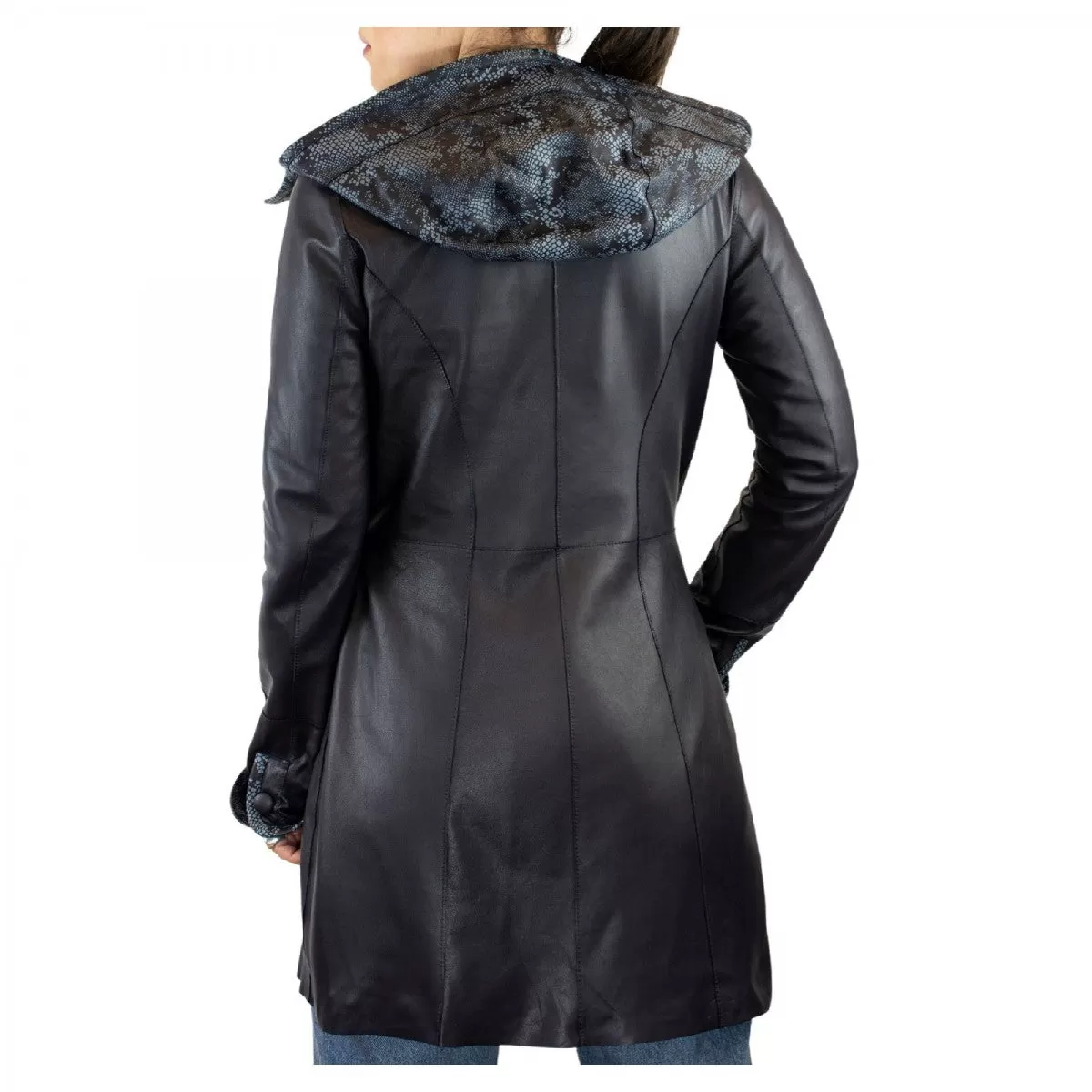 Giacca elegante reversibile da donna fatta a mano in pelle di renna e agnello blu con cappuccio