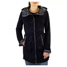 Giacca elegante reversibile da donna fatta a mano in pelle di renna e agnello blu con cappuccio