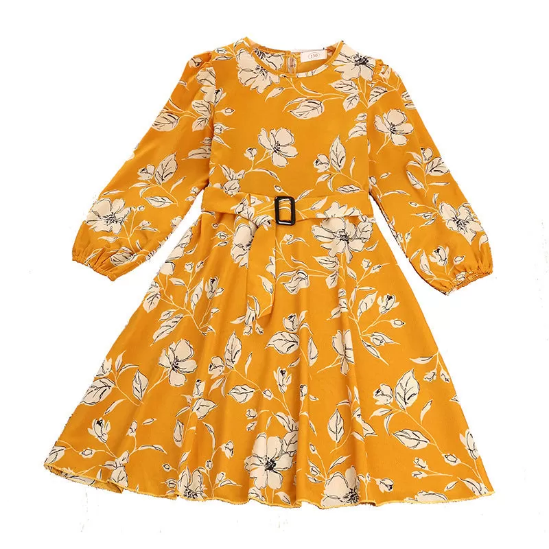 Girls Solid Color Floral Print Round Neck Long Sleeve Dress with Belt