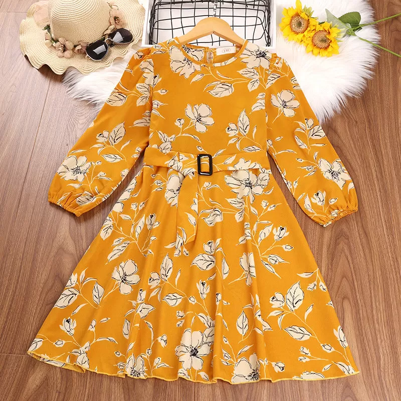 Girls Solid Color Floral Print Round Neck Long Sleeve Dress with Belt