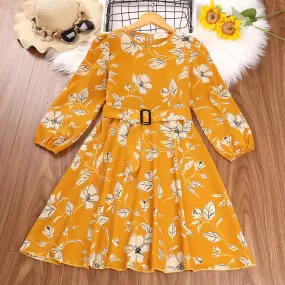 Girls Solid Color Floral Print Round Neck Long Sleeve Dress with Belt