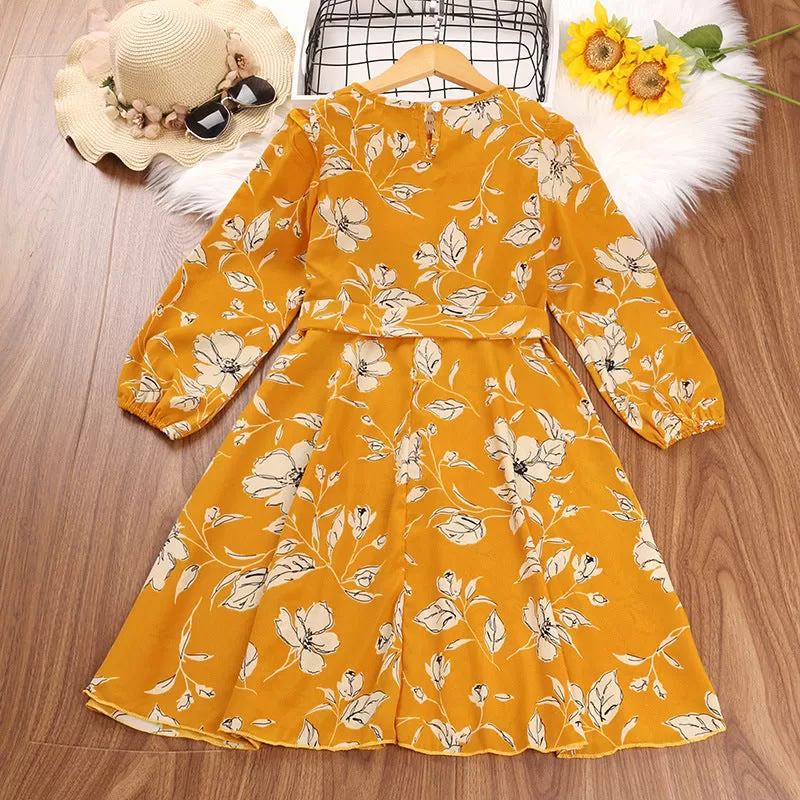 Girls Solid Color Floral Print Round Neck Long Sleeve Dress with Belt