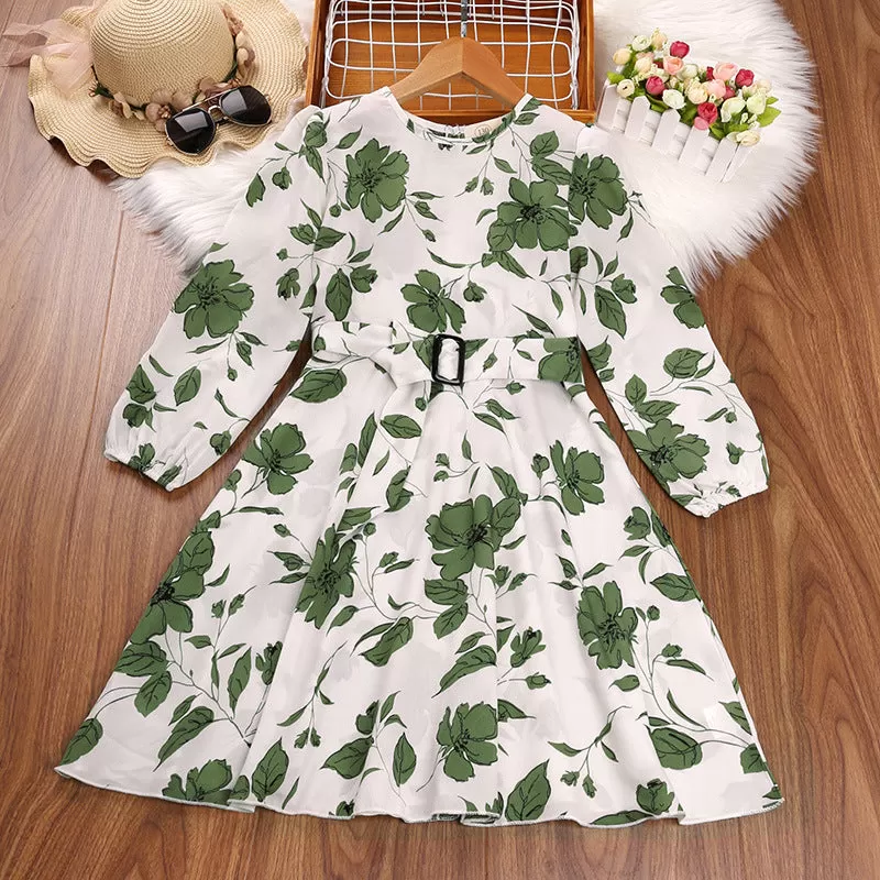 Girls Solid Color Floral Print Round Neck Long Sleeve Dress with Belt