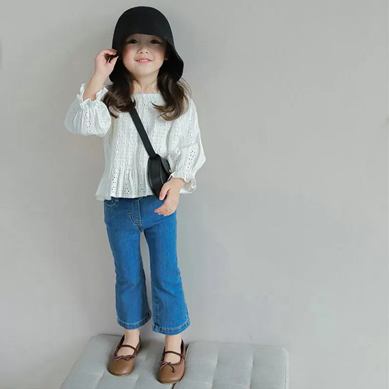 Girls' Solid Color Pocket Bell Denim Pants