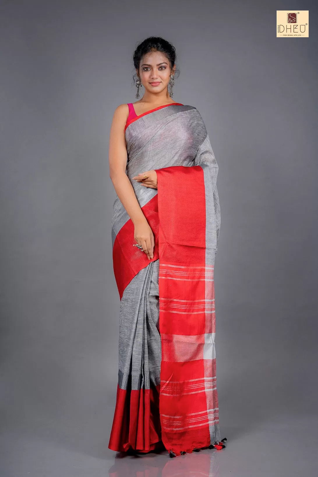 Grey-Red Linen Saree-Kurta Couple Set